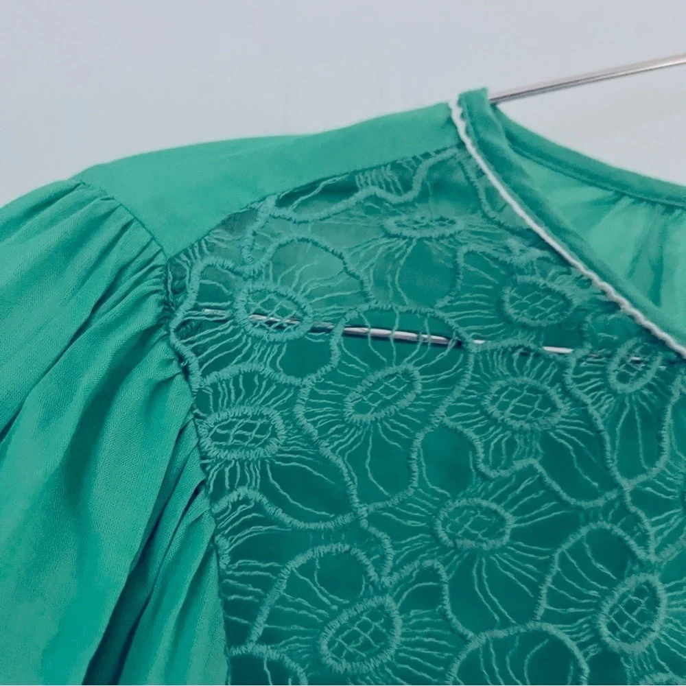 Anthro Blank London Boho Lace Yoke Peasant Blouse Emerald Green Embroidery
